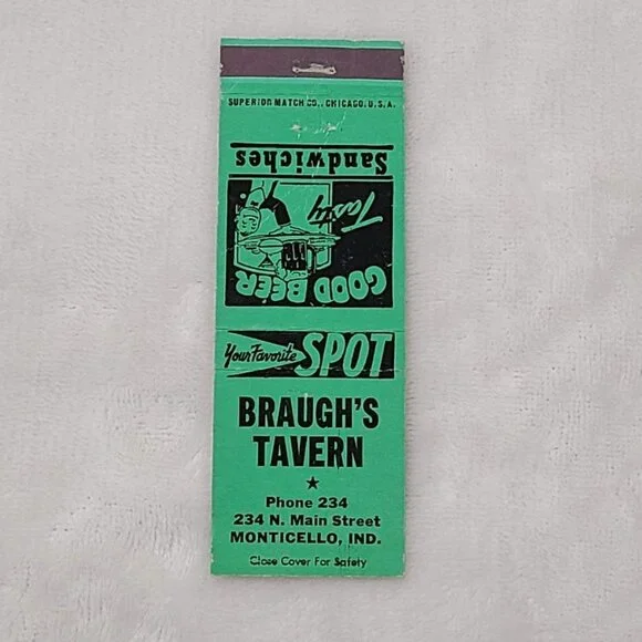 Vintage Matchbook Cover Braugh’s Tavern Monticello IN Indiana Green - Picture 4 of 5
